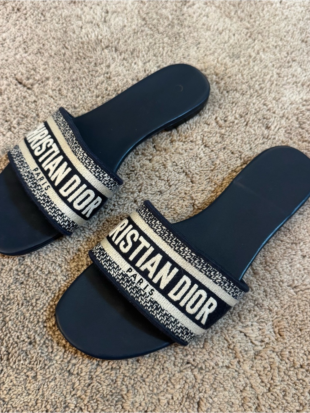 Dior Navy Slide Sandals with Cream Logo Strap